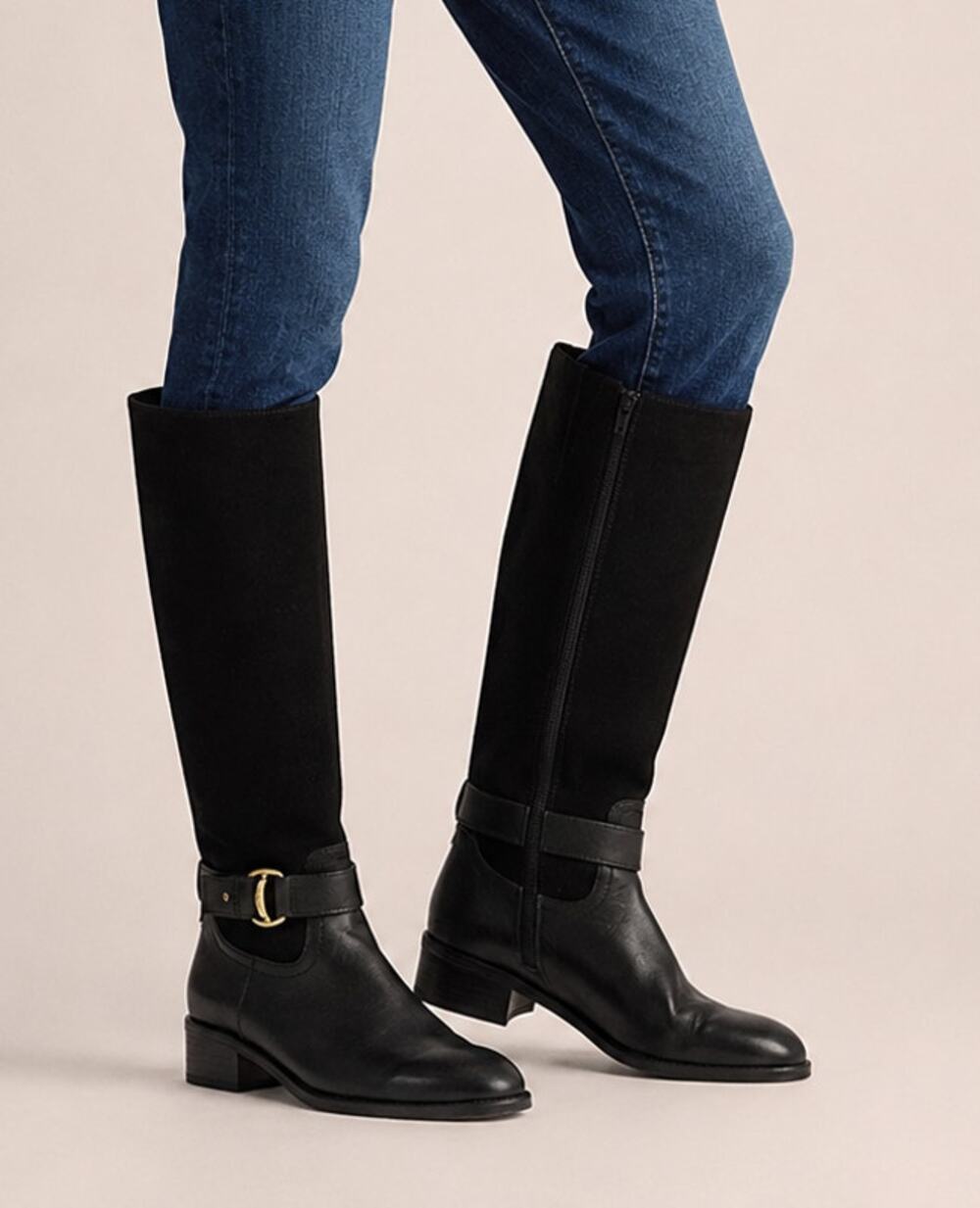Ralph Lauren Micah Riding Boots Leather Suede Knee High Equestrian Flat Black